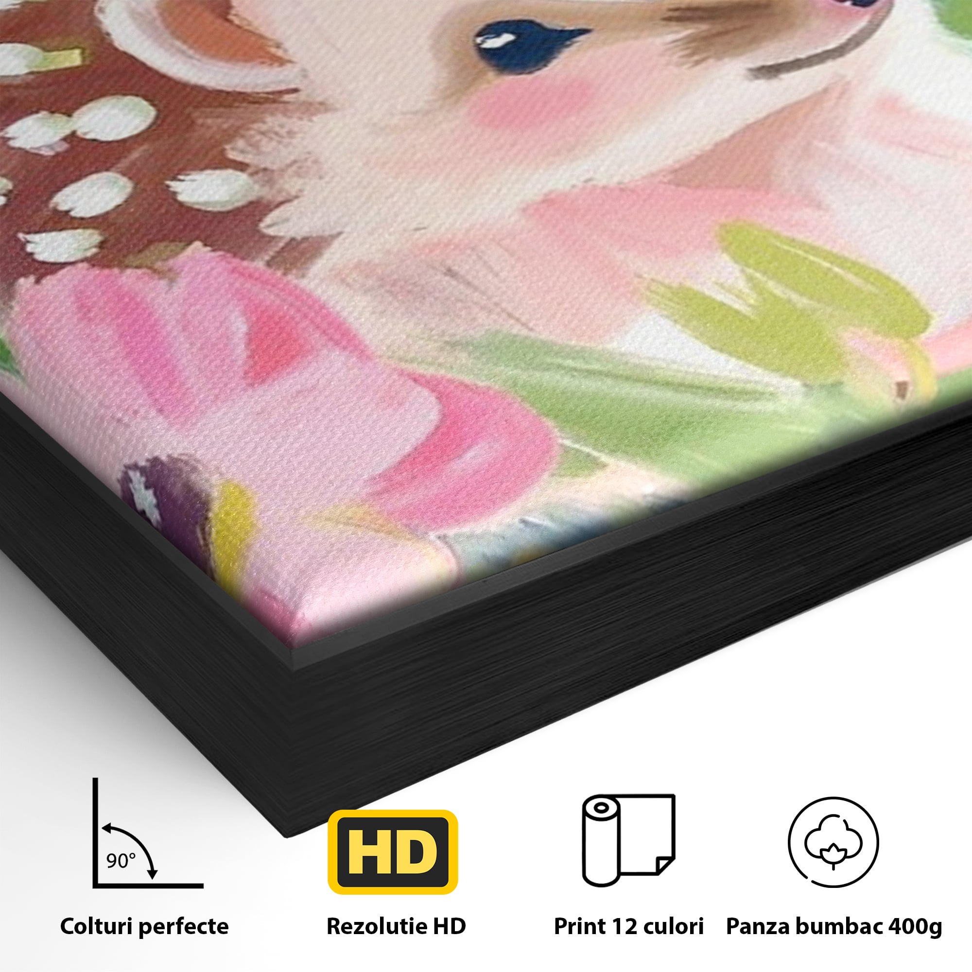 Detaliu al suprafetei: tablou canvas cu arici si flori, in rama de aluminiu negru